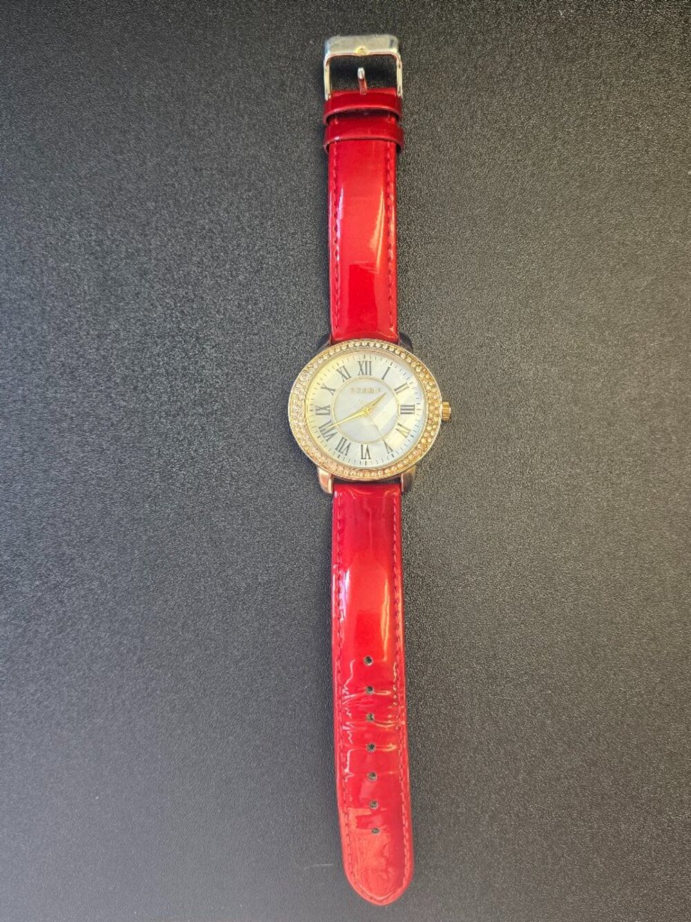 Red Patten Leather Wrist Watch with Roman Numerals